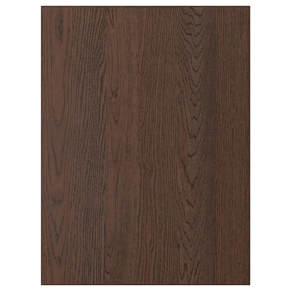 Dark brown, oak wood grain SINARP cabinet front with solid wood edge.
