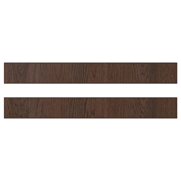 Two brown wooden planks, each with visible wood grain texture and bordered with solid oak edging.