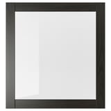A SINDVIK black-brown cabinet with a clear glass front. It a modern, simple design and is made of fibreboard and tempered glass.