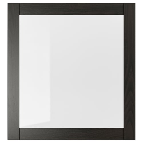 A SINDVIK black-brown cabinet with a clear glass front. It a modern, simple design and is made of fibreboard and tempered glass.