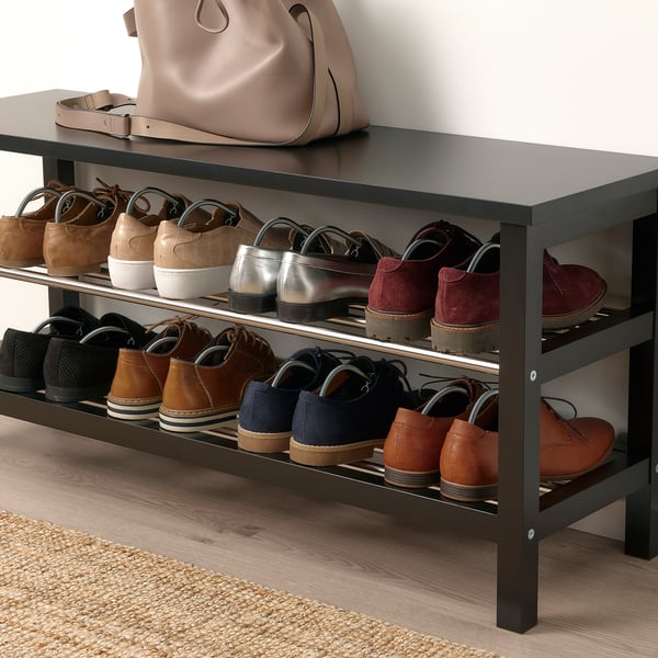 Shoe rack, SITTPINNE, holds 10 pairs. Shapes & organises footwear. Top shelf for bags.
