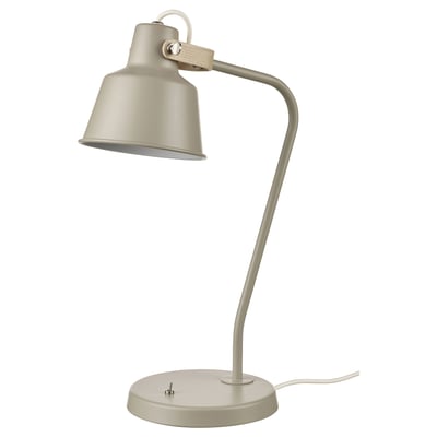 A beige, metal desk lamp named SJÖMAKT with a adjustable neck and round base, evoking a vintage look.