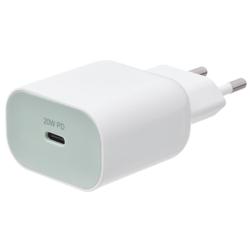This image a white, compact SJÖSS 20w usb-c charger with a rounded shape and a single usb-c port, suitable for fast charging devices.