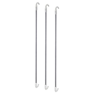 Three grey, coil-cord hangers with white plastic hooks, ideal for organising items.