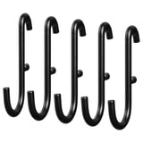 This image SKÅDIS black hooks made of powder-coated steel, designed for organising items on a pegboard, displaying a sleek and functional design.