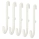 Four white metal hooks arranged in a row against a white background, each with two prongs at the bottom and a curved top.
