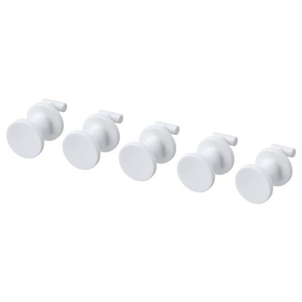 Multiple sets of white, round, interlocking hooks on a clear background.