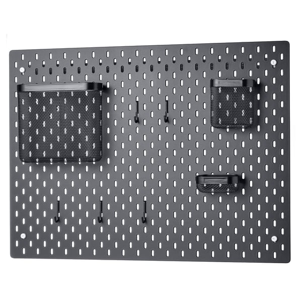 SKÅDIS grey pegboard with mesh pockets and hooks, wall organiser.