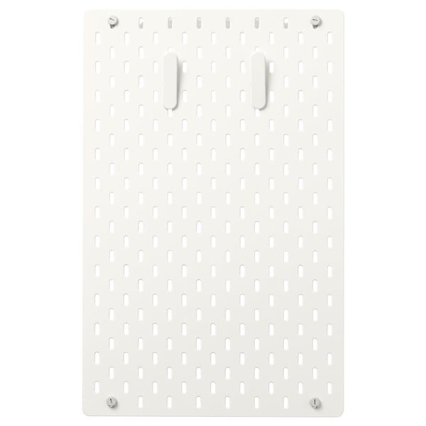 SKÅDIS white pegboard, rectangular with evenly spaced slots, mounted with four screws, ideal for organising items.