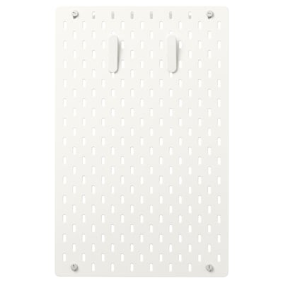 SKÅDIS white pegboard, rectangular with evenly spaced slots, mounted with four screws, ideal for organising items.