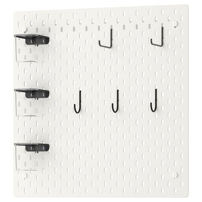 SKÅDIS white pegboard with three hooks and three plastic containers in black and clear, organized in a row.