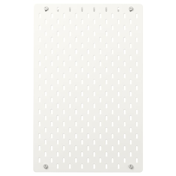 SKÅDIS white pegboard, rectangular, wall-mountable organiser with evenly spaced holes for accessories, made of steel and acrylic paint.