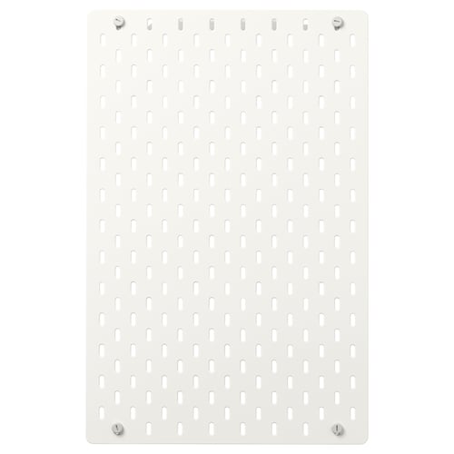 SKÅDIS white pegboard, rectangular, wall-mountable organiser with evenly spaced holes for accessories, made of steel and acrylic paint.