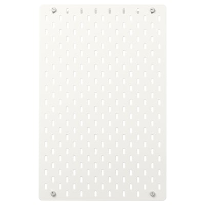 SKÅDIS white pegboard, rectangular, wall-mountable organiser with evenly spaced holes for accessories, made of steel and acrylic paint.