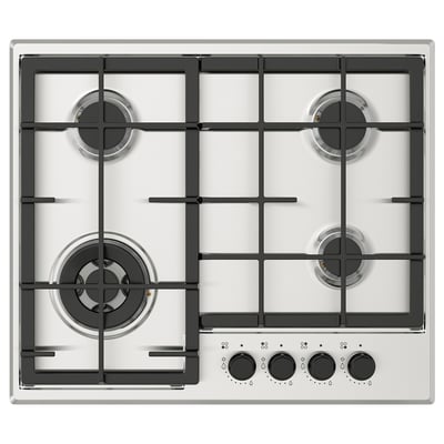 SKÅLAN gas stove in stainless steel with 4 burners, electronic ignition, sturdy cast iron supports, and front-mounted control knobs.