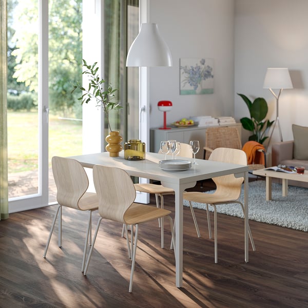 SKÅLSTA Table and 4 chairs, light grey-beige straight light grey-beige/oak veneer tubular metal/light grey-beige, 140x80 cm