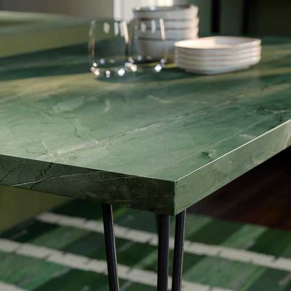 SKÅLSTA Table, dark grey-green marble effect/hairpin black-grey, 140x80 cm