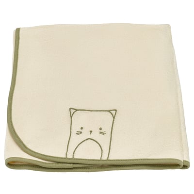 SKÖTSAM organic cotton baby changing mat cover, beige with green trim, folded, featuring a cute cat design.