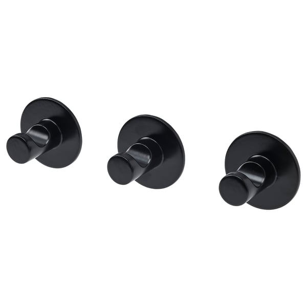 Three sleek black wall hooks, circular shape, easy adhesive backing for tool-free mounting.