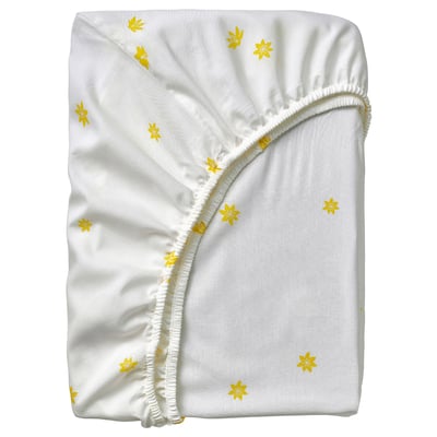 White crib sheet, yellow flower print, cotton blend, fitted design.