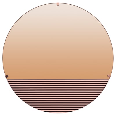 SKOGSGRÄNSEN rose-gold mirror, semi-circular, reflective glass with striped base, hanging metal holder.