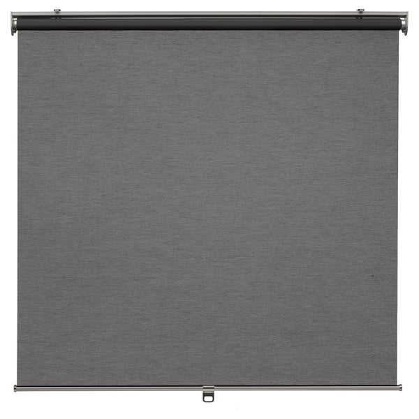 Grey roller blind with soft close, cordless for safety, mounts inside or out.