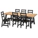 SKOGSTA: modern dining set with sturdy acacia table and black chairs. High backs, dark wood, lacquer finish. Great for heavy use.