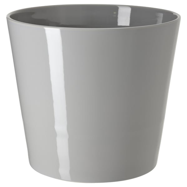Grey SKOGSVINBÄR planter, cylindrical, modern design, stoneware, indoor/outdoor use.