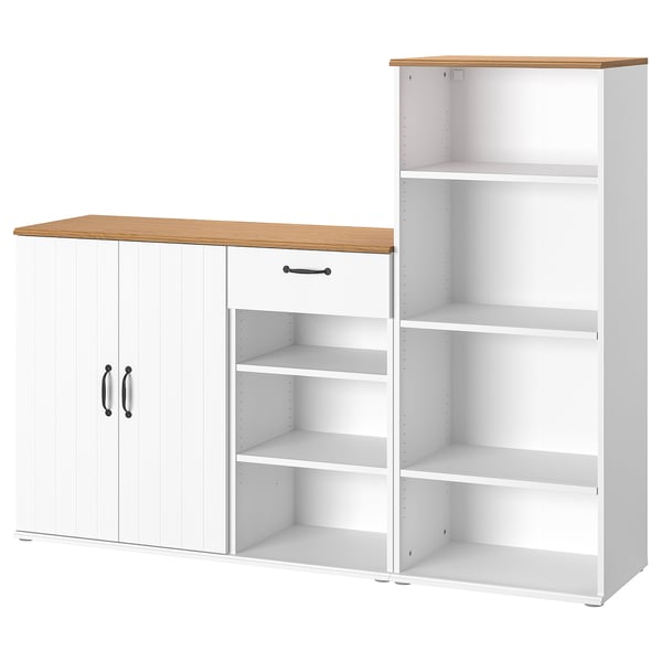 SKRUVBY white cabinet & bookcase set with light oak top, practical with adjustable shelves & hinges.
