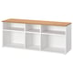 This is a white SKRUVBY tv bench with an oak top. It has open shelves for storage.