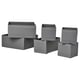 Six grey SKUBB boxes, three stacked in back, three in front, rectangular shape with mesh tops, made from recycled polyester fabric.