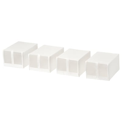 Four white shoe storage boxes lined up side by side, made of mesh and sturdy material, designed for organising shoes in a wardrobe.