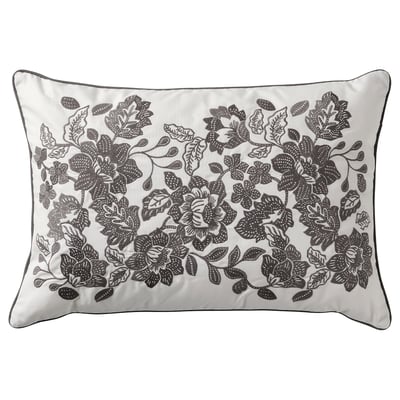 SKUGGNÄVA pillow: grey embroidered floral cotton, rectangular shape.