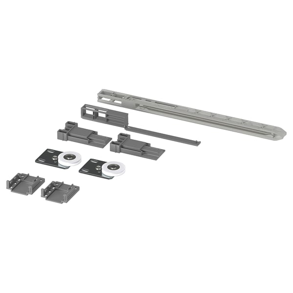 SKYTTA sliding door fitting kit, grey, steel, plastic, various shapes, organised.
