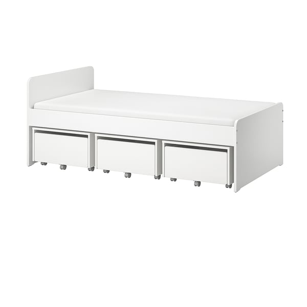 White SLÄKT kids bed with 3 rolling storage drawers, simple design, caster wheels.