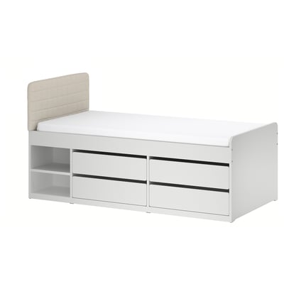 Modern white teen bed with storage drawers and padded headboard.