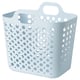 Light blue perforated plastic laundry basket with handles.