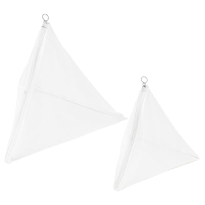 Two white triangular mesh washing bags with zippers, designed for protecting delicate clothes and preventing snags.