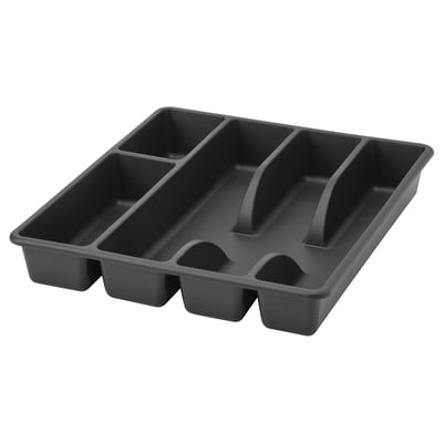 A black SMÄCKER cutlery tray. It is made of recycled polypropylene plastic and multiple compartments for organised storage.