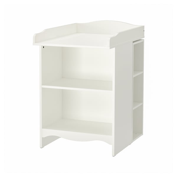 A white SMÅGÖRA changing table with shelves for baby care items. Simple design with open storage.