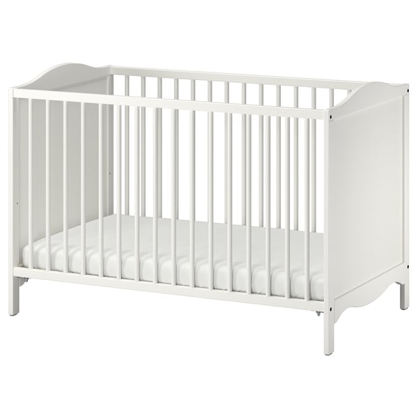 Depicts a white SMÅGÖRA crib with vertical slats and rounded corners, suitable for a babys safety and comfort.