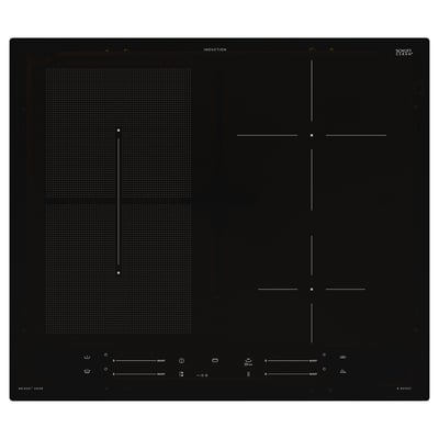 Black induction stove with 4 zones, touch controls, power boosters, and bridge function.