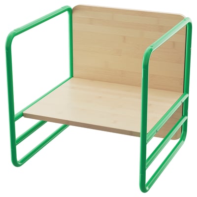 A green SMÅSKRAKE chair, a versatile piece of kids furniture. It a square shape with wooden seat and backrest supported by green metal framing.