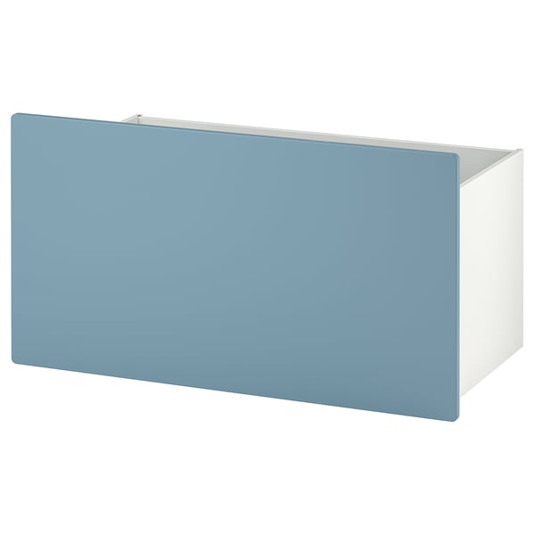 Blue rectangular storage box with castors, simple design, smooth surface.