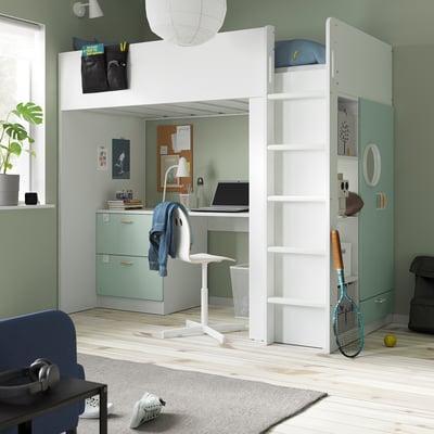 White SMÅSTAD loft bed combo in green room, includes bed, desk, wardrobe, and bookcase.