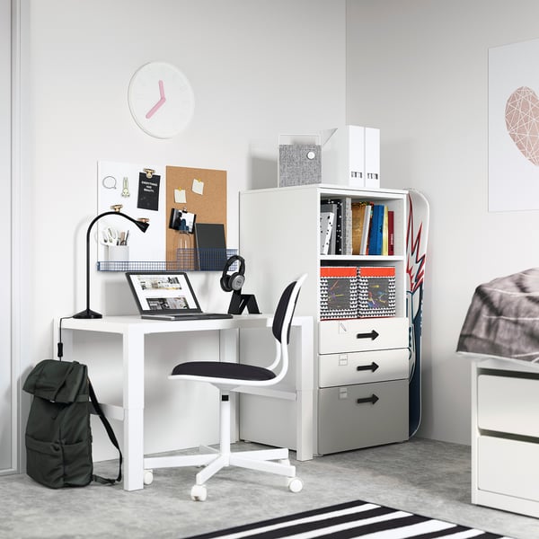 Desk with black chair and bookcase. Modern, minimalist design. White furniture, grey drawers. Suitable for bedroom or study.