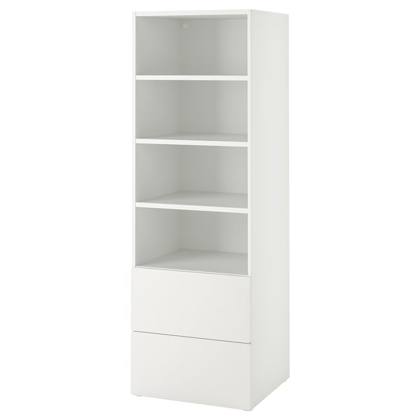 A white SMÅSTAD bookcase with open shelves and drawers, designed for small spaces and easy access for children.