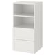 Small white ikea bookcase with three shelves and two drawers, simple modern design.