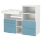 A white and blue childrens storage unit with changing table and shelves.