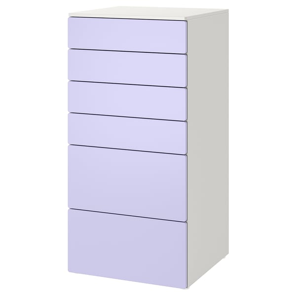 Tall white cabinet with six lavender drawers, modern design.